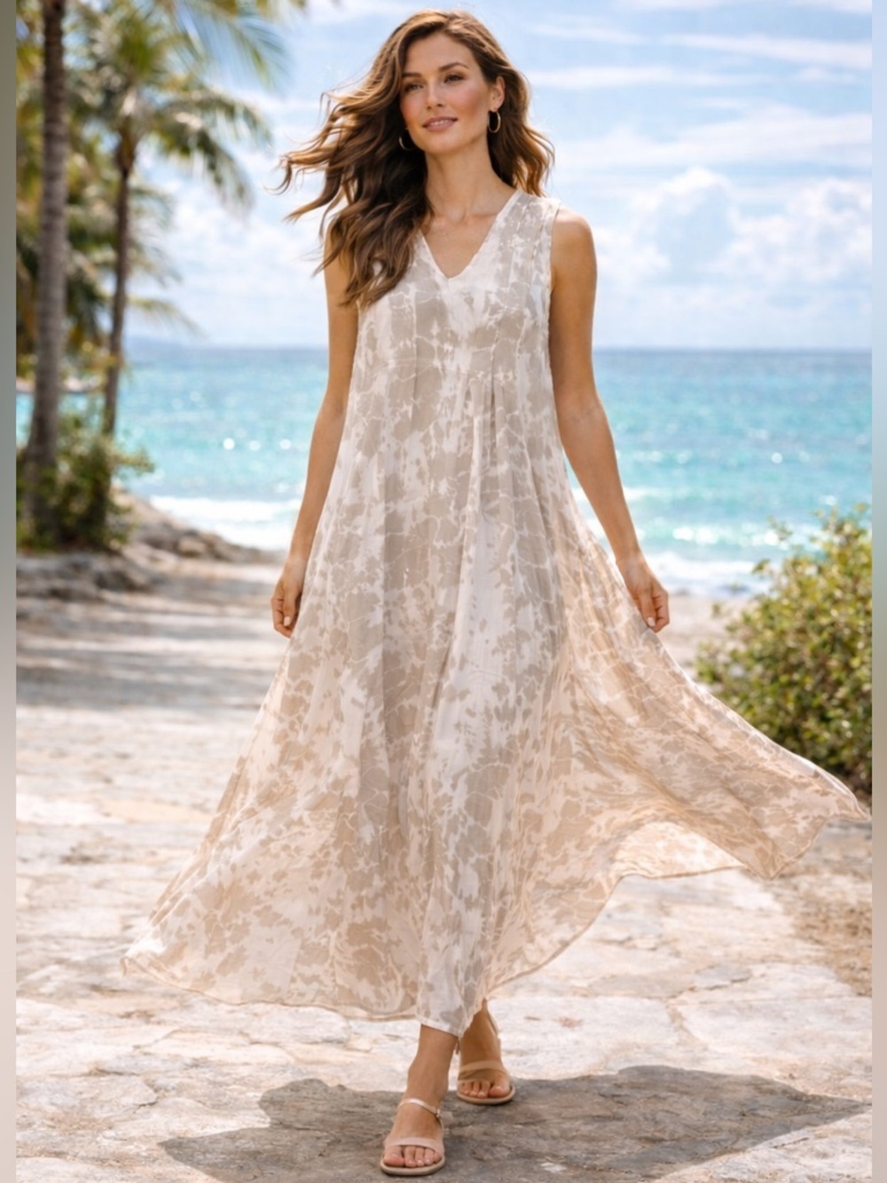 Raven + Lily Beige Silk Maxi Dress XS Oversized Boho Resort Tie Back